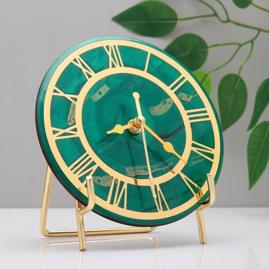 Emerald Royale Resin Table Clock with Golden Roman Dial