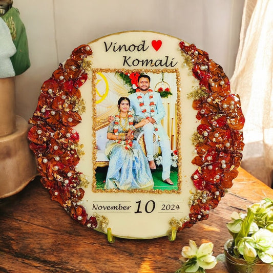 Resin Photo Frame with Preserved Varmala Petals & Wedding Date